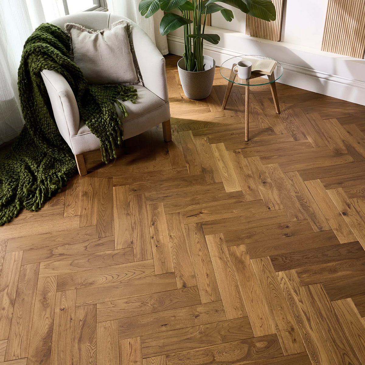 Smoked Brushed & Lacquered Herringbone Solid Wood