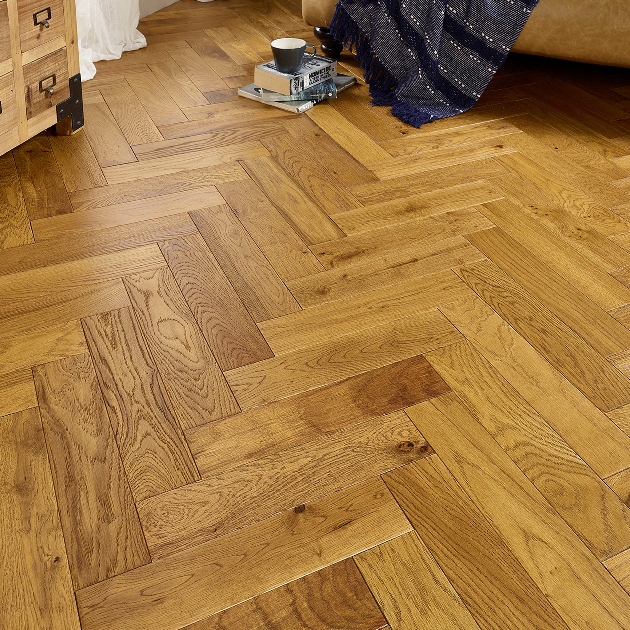 Light Golden Brushed & UV Lacquered 15/4 x 90mm Herringbone Engineered