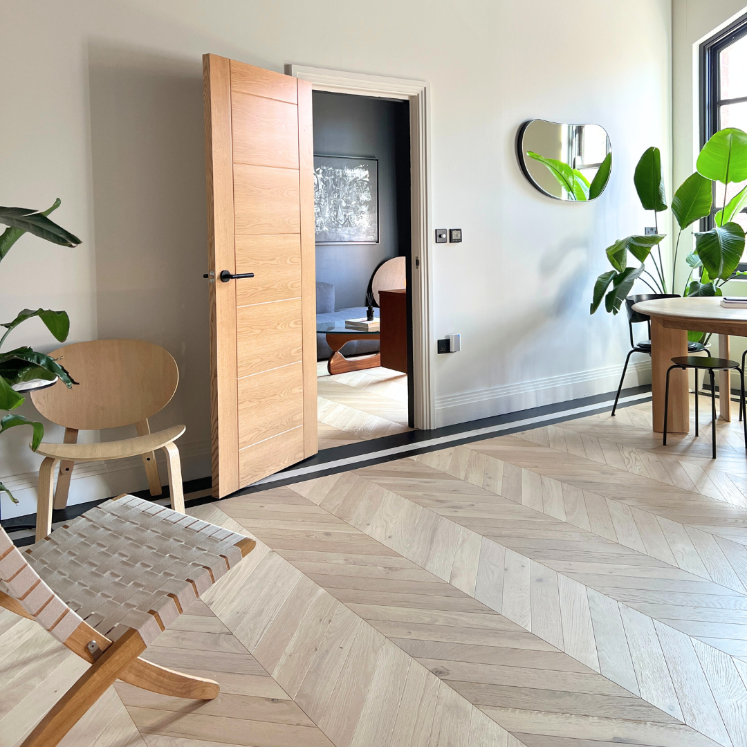 Lifestyle image of a chevron engineered floor