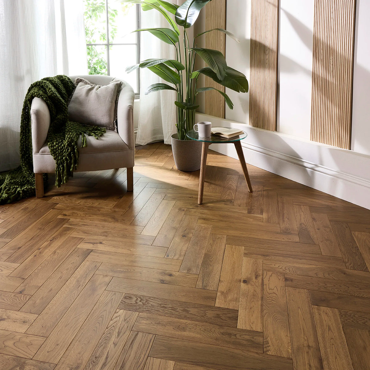Smoked Brushed & Lacquered Herringbone Solid Wood