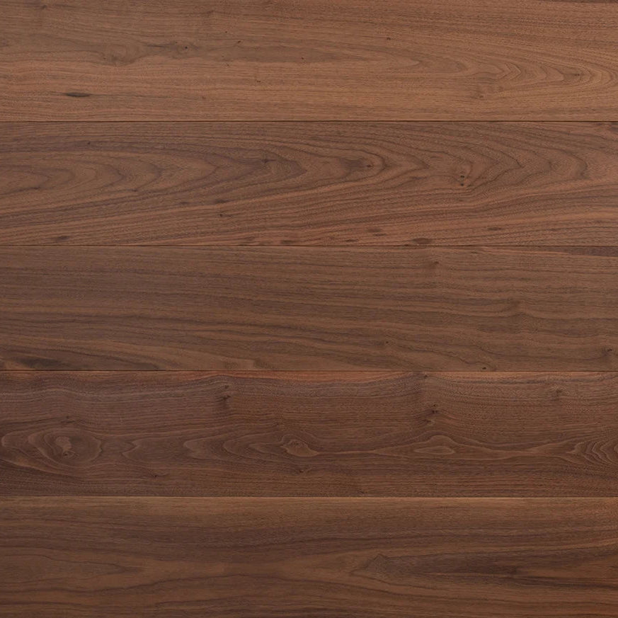 Dark brown wood plank flooring with prominent natural grain patterns and horizontal seams.