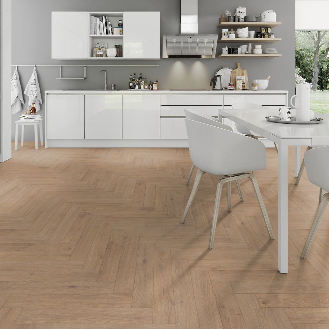 Warm Sand Oak 12mm Herringbone Laminate - Floor Street