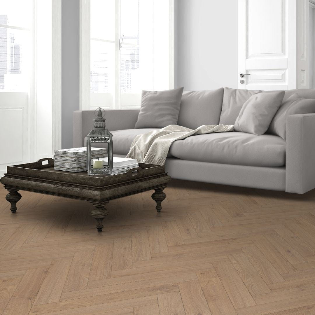 Warm Sand Oak 12mm Herringbone Laminate - Floor Street